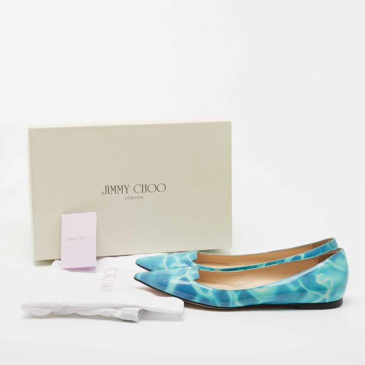 Pre Owned Jimmy Choo Blue Swimming Pool Print Patent Leather Attila Ballet Flats Size 37.5