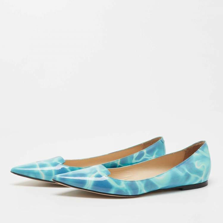 Pre Owned Jimmy Choo Blue Swimming Pool Print Patent Leather Attila Ballet Flats Size 37.5