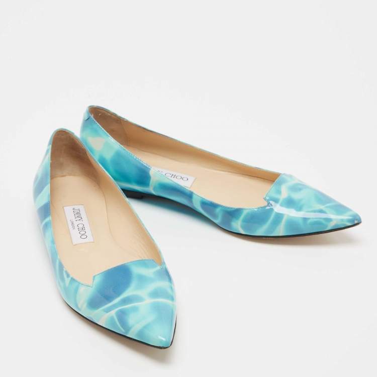 Pre Owned Jimmy Choo Blue Swimming Pool Print Patent Leather Attila Ballet Flats Size 37.5