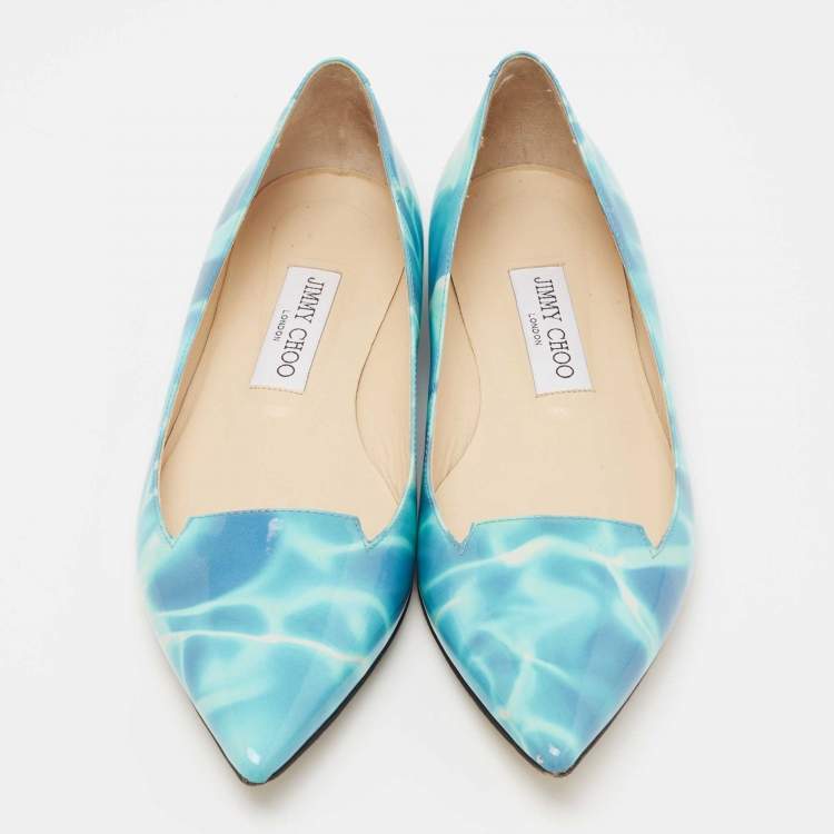 Pre Owned Jimmy Choo Blue Swimming Pool Print Patent Leather Attila Ballet Flats Size 37.5