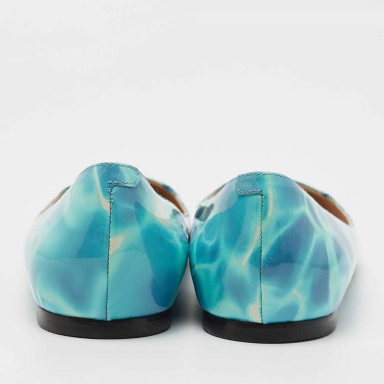 Pre Owned Jimmy Choo Blue Swimming Pool Print Patent Leather Attila Ballet Flats Size 37.5