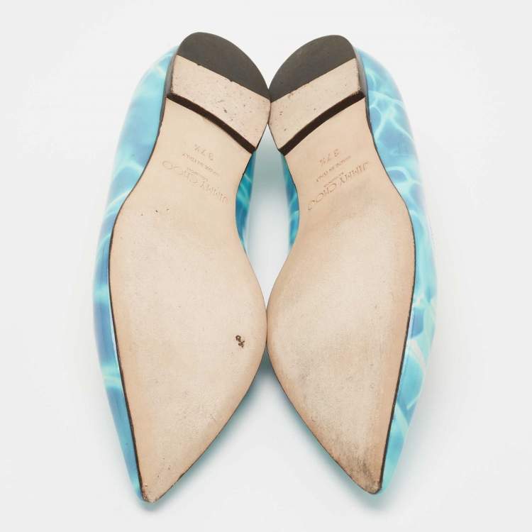 Pre Owned Jimmy Choo Blue Swimming Pool Print Patent Leather Attila Ballet Flats Size 37.5