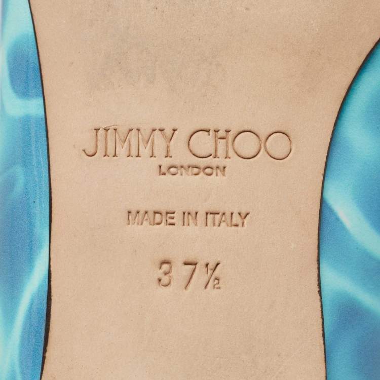 Pre Owned Jimmy Choo Blue Swimming Pool Print Patent Leather Attila Ballet Flats Size 37.5
