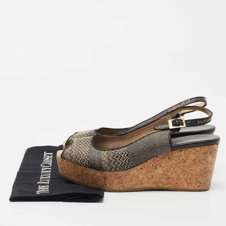 Pre Owned Jimmy Choo Black/Beige Woven Fabric Praise Cork Wedge Slingback Sandals Size 41