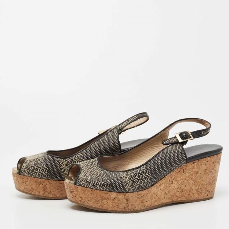 Pre Owned Jimmy Choo Black/Beige Woven Fabric Praise Cork Wedge Slingback Sandals Size 41