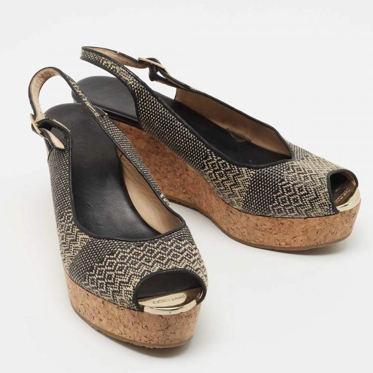 Pre Owned Jimmy Choo Black/Beige Woven Fabric Praise Cork Wedge Slingback Sandals Size 41