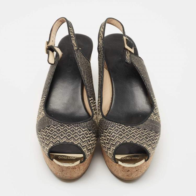 Pre Owned Jimmy Choo Black/Beige Woven Fabric Praise Cork Wedge Slingback Sandals Size 41