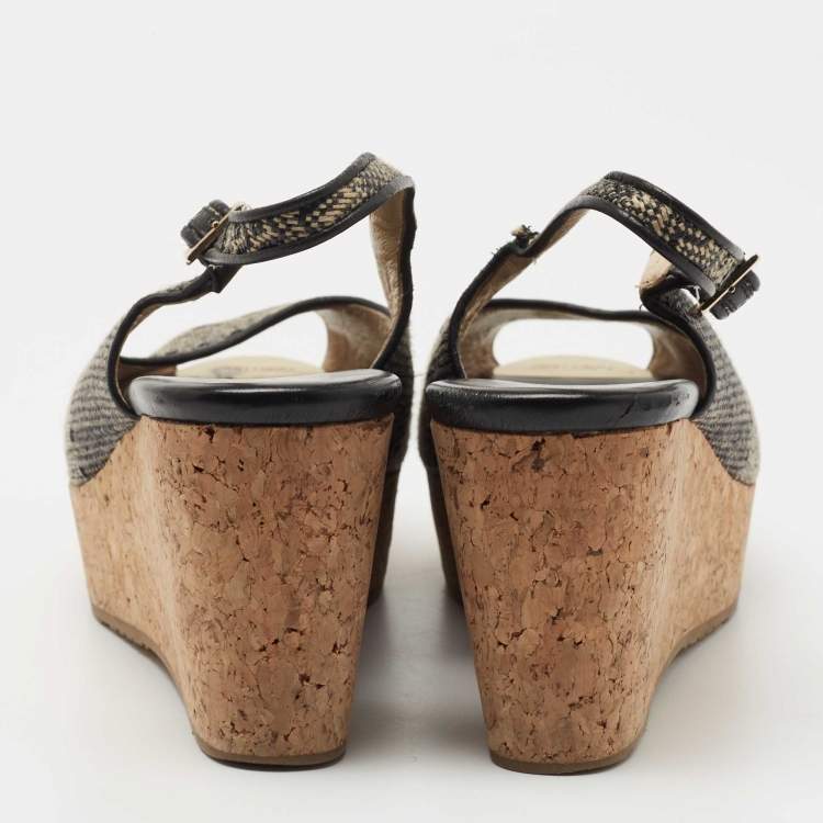 Pre Owned Jimmy Choo Black/Beige Woven Fabric Praise Cork Wedge Slingback Sandals Size 41