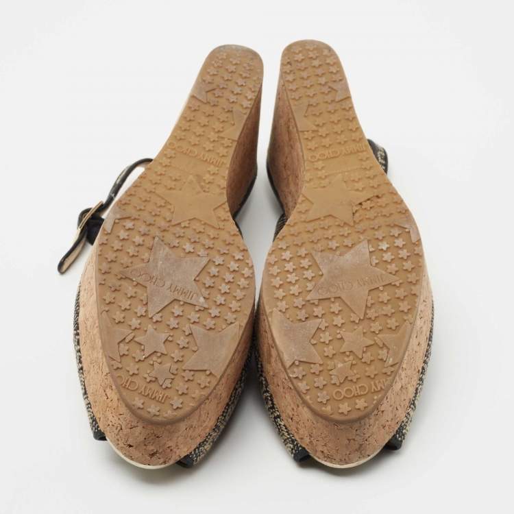 Pre Owned Jimmy Choo Black/Beige Woven Fabric Praise Cork Wedge Slingback Sandals Size 41