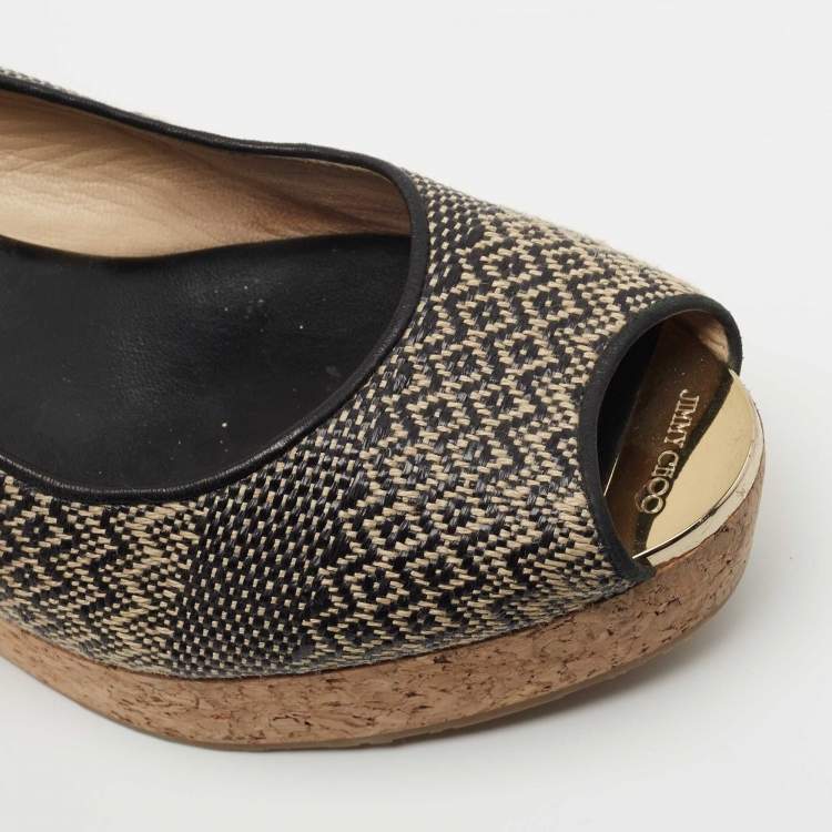 Pre Owned Jimmy Choo Black/Beige Woven Fabric Praise Cork Wedge Slingback Sandals Size 41