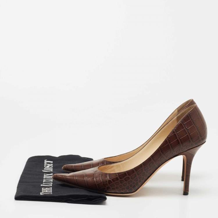 Pre Owned Jimmy Choo Brown Croc Embossed Leather  Love Pumps Size 39
