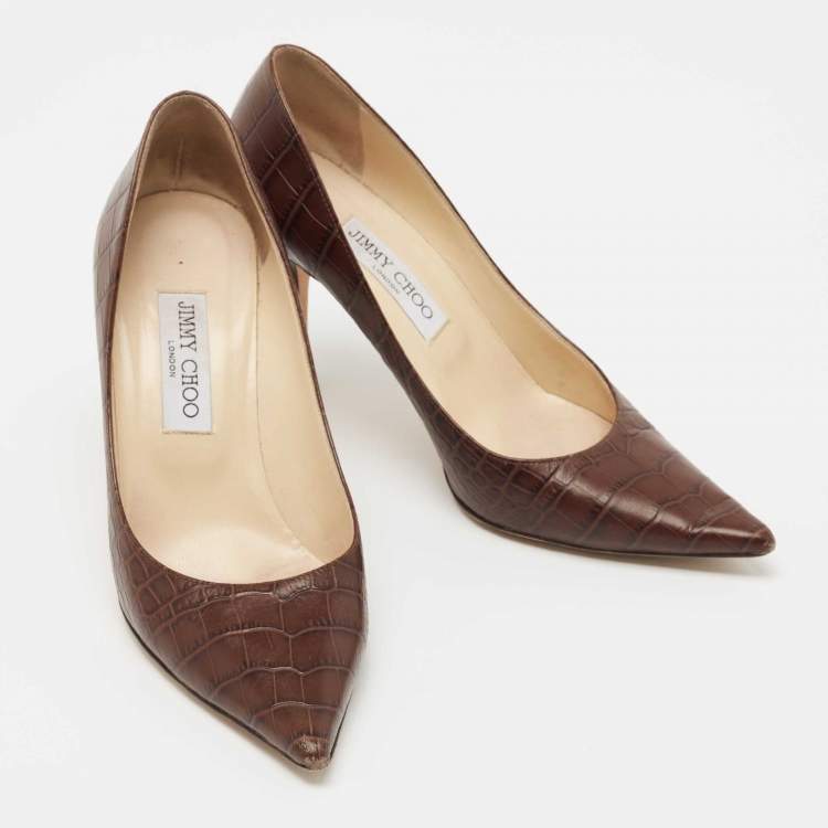 Pre Owned Jimmy Choo Brown Croc Embossed Leather  Love Pumps Size 39