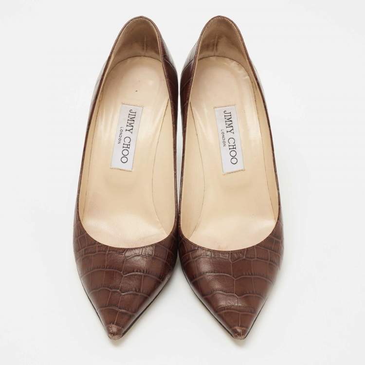 Pre Owned Jimmy Choo Brown Croc Embossed Leather  Love Pumps Size 39