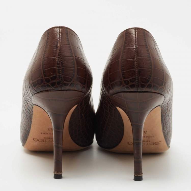 Pre Owned Jimmy Choo Brown Croc Embossed Leather  Love Pumps Size 39