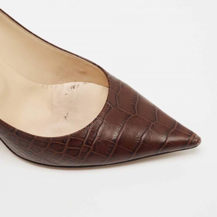 Pre Owned Jimmy Choo Brown Croc Embossed Leather  Love Pumps Size 39