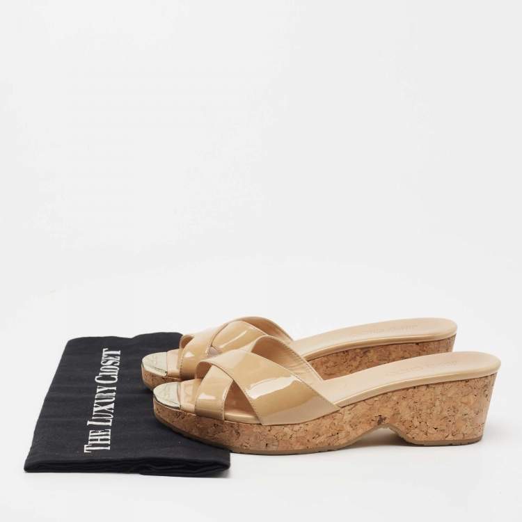Pre Owned Jimmy Choo Beige Patent Leather Prima Slide Sandals Size 39