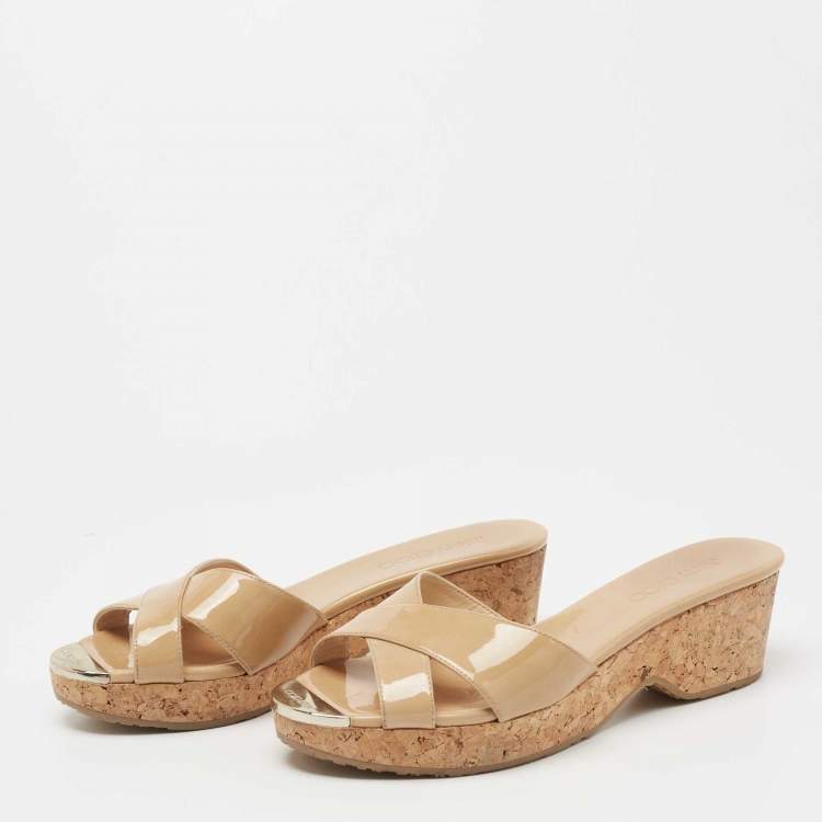 Pre Owned Jimmy Choo Beige Patent Leather Prima Slide Sandals Size 39