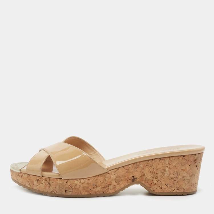Pre Owned Jimmy Choo Beige Patent Leather Prima Slide Sandals Size 39