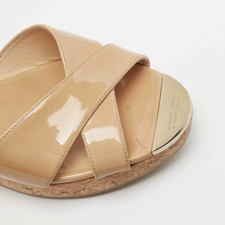 Pre Owned Jimmy Choo Beige Patent Leather Prima Slide Sandals Size 39