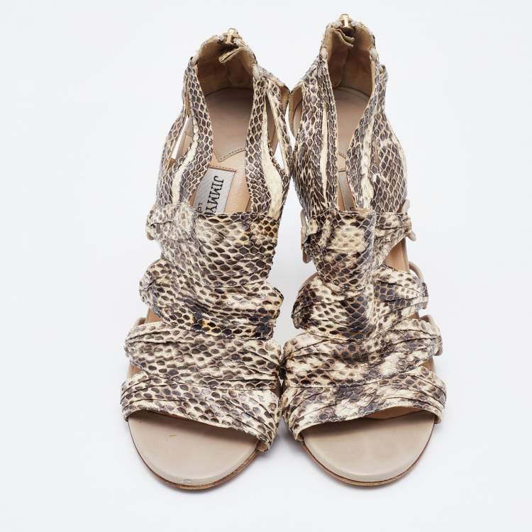 Pre Owned Jimmy Choo Beige/Brown Python Leather Open Toe Pumps Size 38