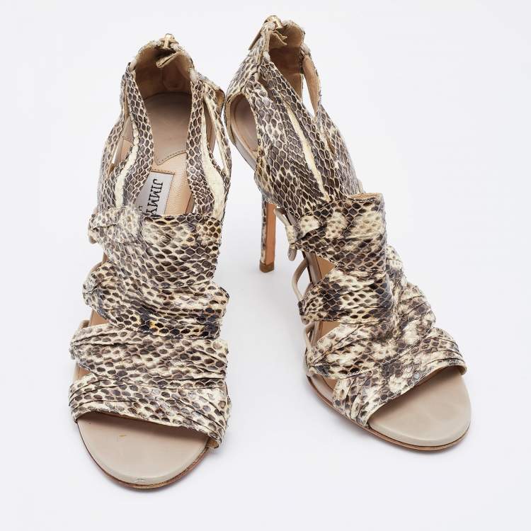 Pre Owned Jimmy Choo Beige/Brown Python Leather Open Toe Pumps Size 38