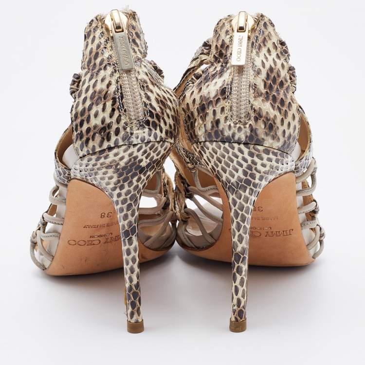Pre Owned Jimmy Choo Beige/Brown Python Leather Open Toe Pumps Size 38