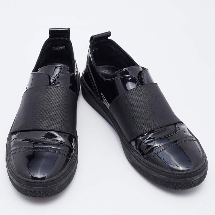 Pre Owned Jimmy Choo Black Patent Leather and Stretch Band Slip On Sneakers Size 38.5
