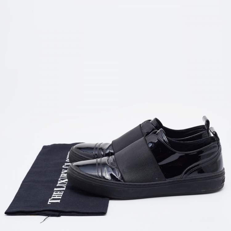 Pre Owned Jimmy Choo Black Patent Leather and Stretch Band Slip On Sneakers Size 38.5