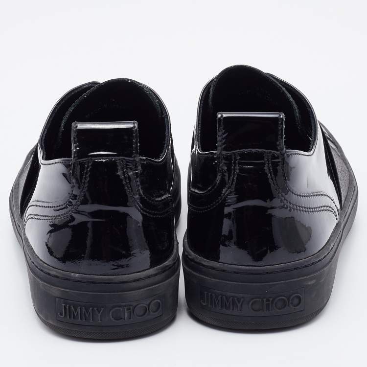 Pre Owned Jimmy Choo Black Patent Leather and Stretch Band Slip On Sneakers Size 38.5