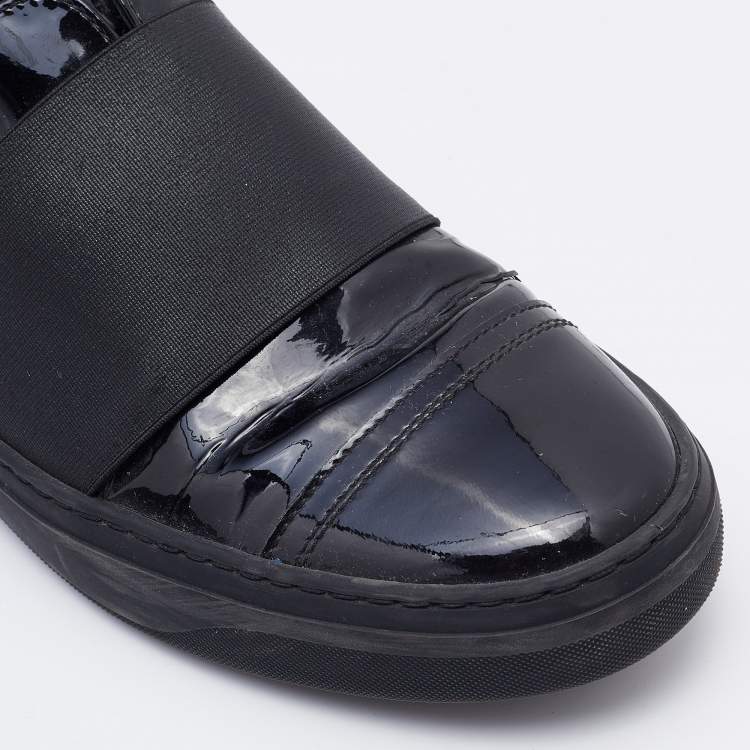 Pre Owned Jimmy Choo Black Patent Leather and Stretch Band Slip On Sneakers Size 38.5