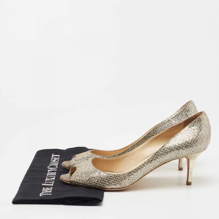 مملوكة مسبقًا Jimmy Choo Gold/Silver Glitter Isabel Peep Toe Pumps Size 40