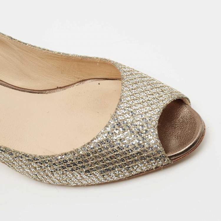مملوكة مسبقًا Jimmy Choo Gold/Silver Glitter Isabel Peep Toe Pumps Size 40