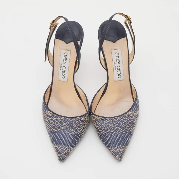 Pre Owned Jimmy Choo Navy Blue Woven Fabric and Leather Slingback Sandals Size 38