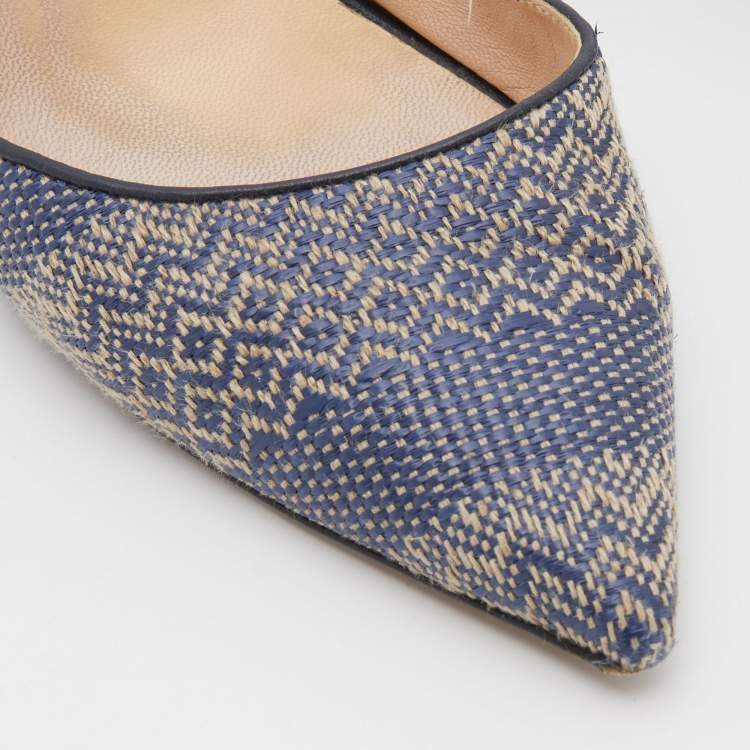 Pre Owned Jimmy Choo Navy Blue Woven Fabric and Leather Slingback Sandals Size 38