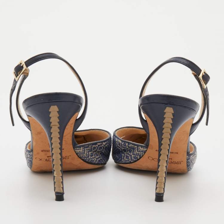 Pre Owned Jimmy Choo Navy Blue Woven Fabric and Leather Slingback Sandals Size 38