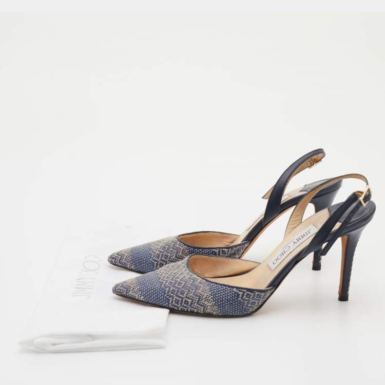 Pre Owned Jimmy Choo Navy Blue Woven Fabric and Leather Slingback Sandals Size 38