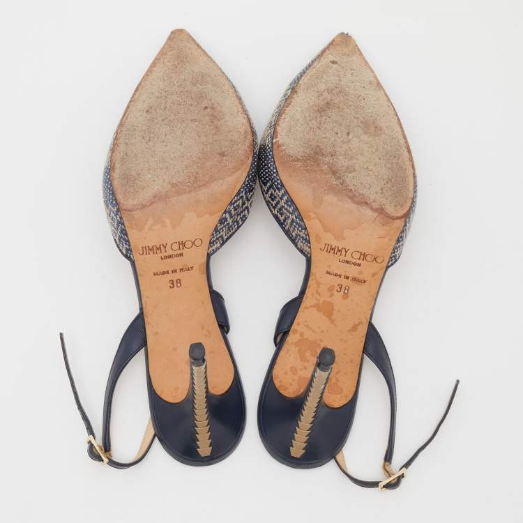 Pre Owned Jimmy Choo Navy Blue Woven Fabric and Leather Slingback Sandals Size 38