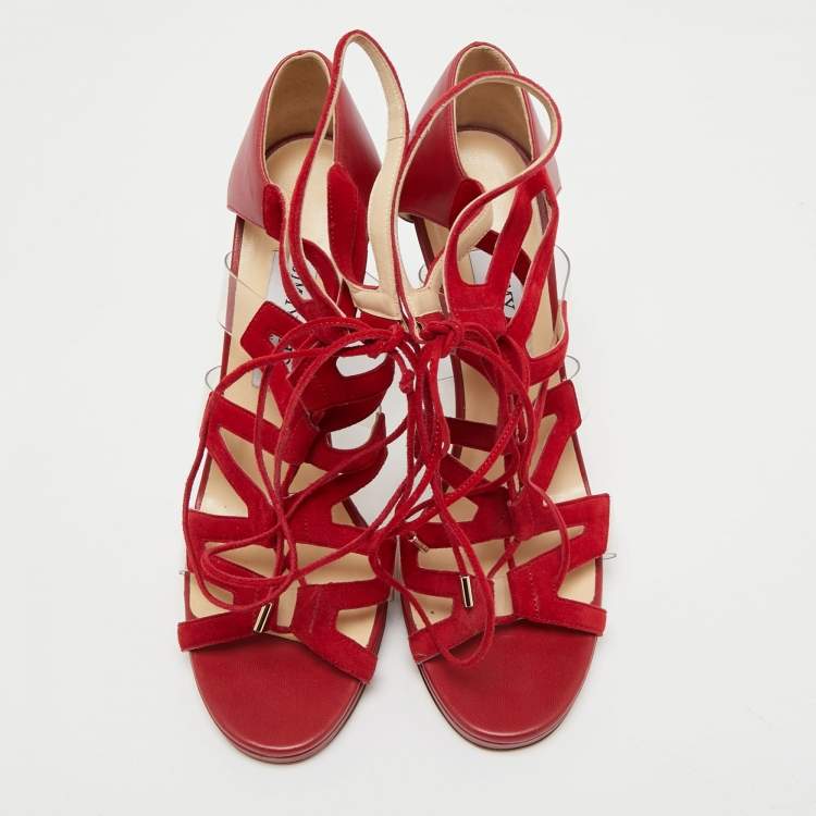 مملوكة مسبقًا Jimmy Choo Red Leather and Suede Strappy Sandals Size 40