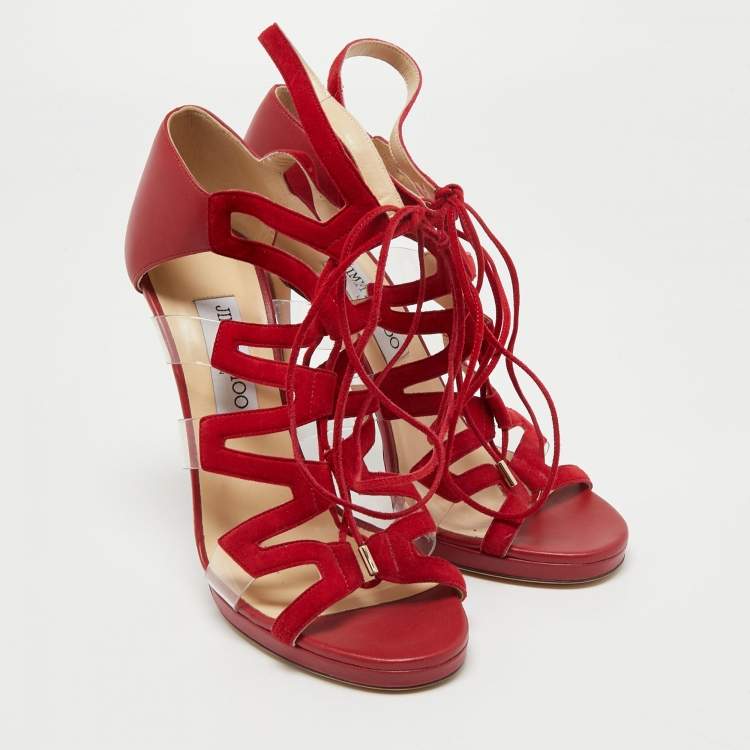 مملوكة مسبقًا Jimmy Choo Red Leather and Suede Strappy Sandals Size 40