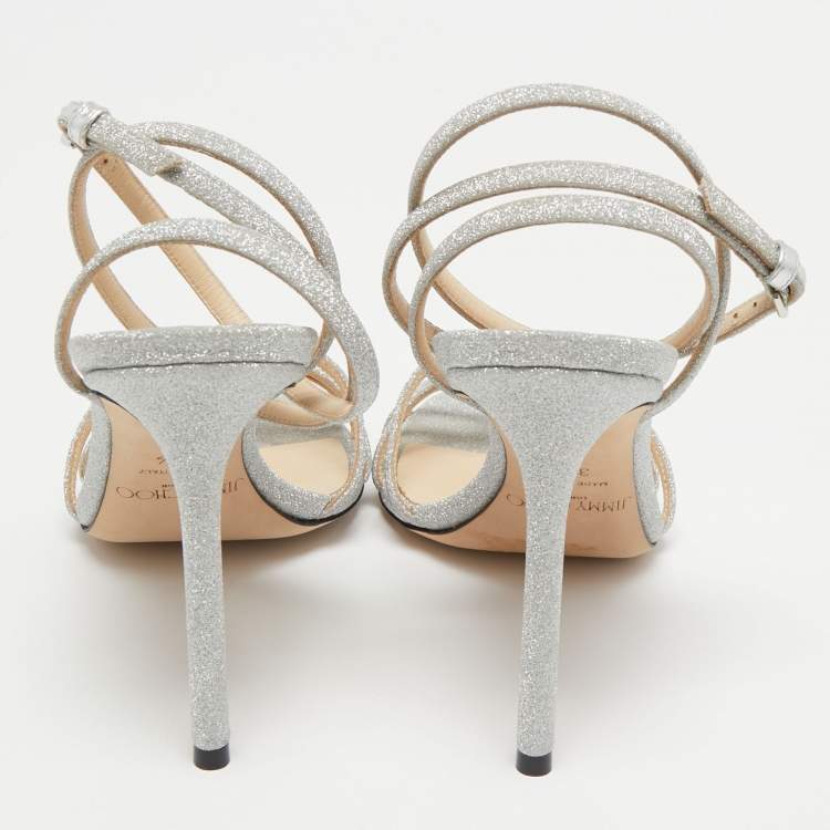 Pre Owned Jimmy Choo Silver Glitter and Leather Ankle Strap Sandals Size 39.5