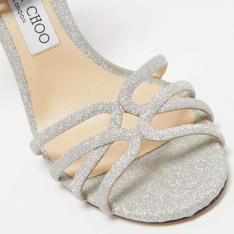Pre Owned Jimmy Choo Silver Glitter and Leather Ankle Strap Sandals Size 39.5