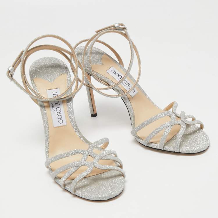 Pre Owned Jimmy Choo Silver Glitter and Leather Ankle Strap Sandals Size 39.5