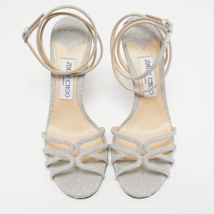 Pre Owned Jimmy Choo Silver Glitter and Leather Ankle Strap Sandals Size 39.5