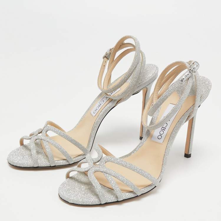 Pre Owned Jimmy Choo Silver Glitter and Leather Ankle Strap Sandals Size 39.5