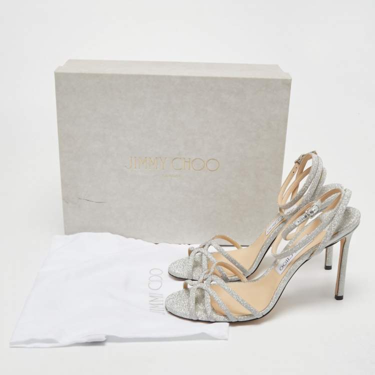 Pre Owned Jimmy Choo Silver Glitter and Leather Ankle Strap Sandals Size 39.5