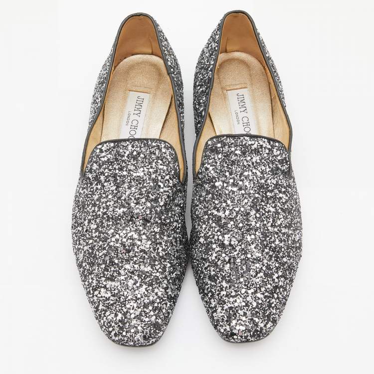 Pre Owned Jimmy Choo Black/Silver Glitter Sloane Smoking Slippers Size 41
