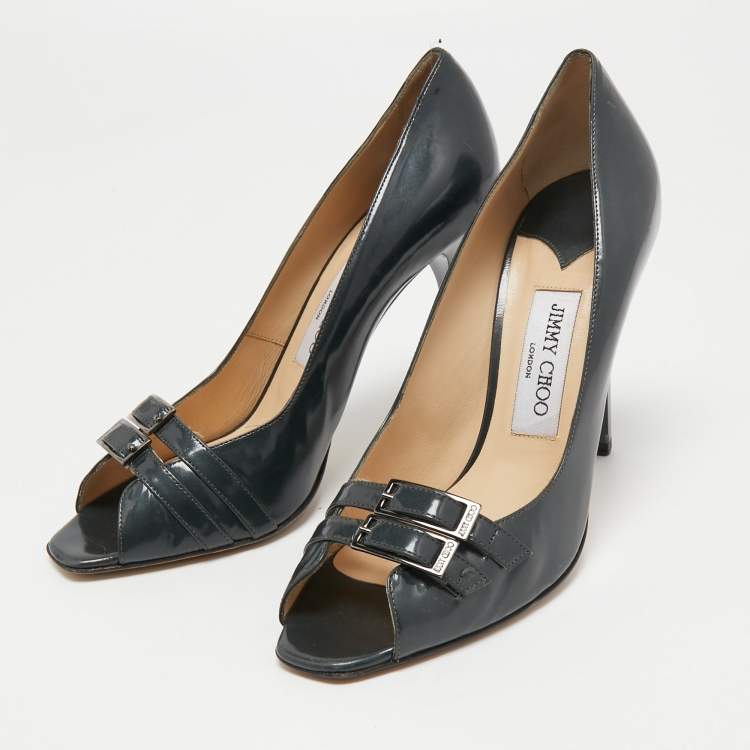 Pre Owned Jimmy Choo Metallic Grey Patent Leather Double Buckle Pumps Size 39.5