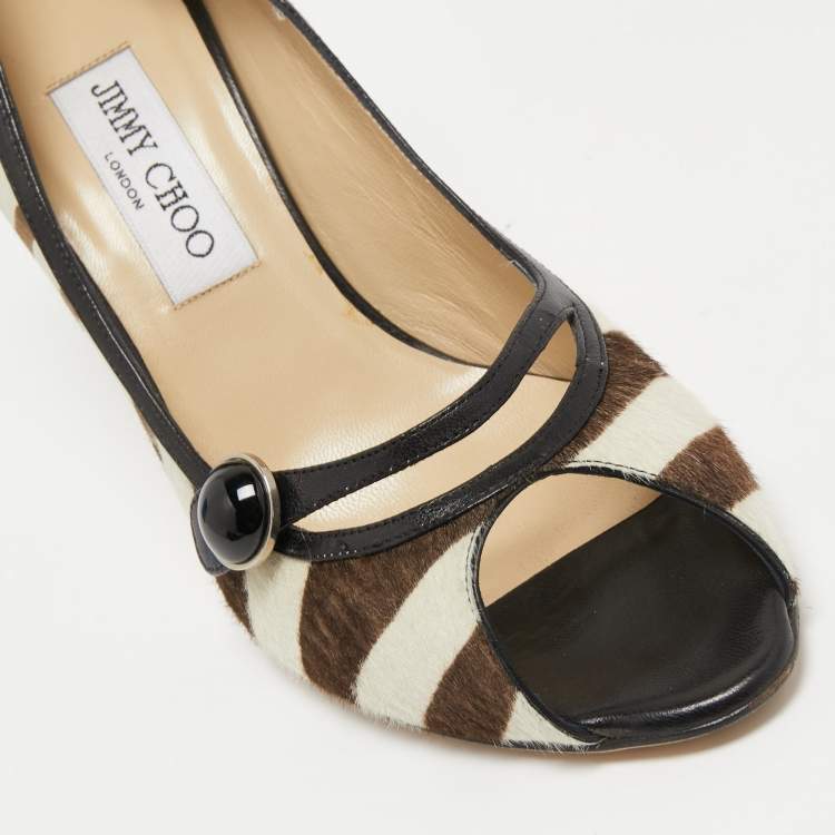 Pre Owned Jimmy Choo Black/White Calf hair and Leather Peep Toe Pumps Size 38.5