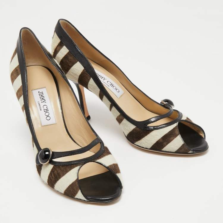 Pre Owned Jimmy Choo Black/White Calf hair and Leather Peep Toe Pumps Size 38.5