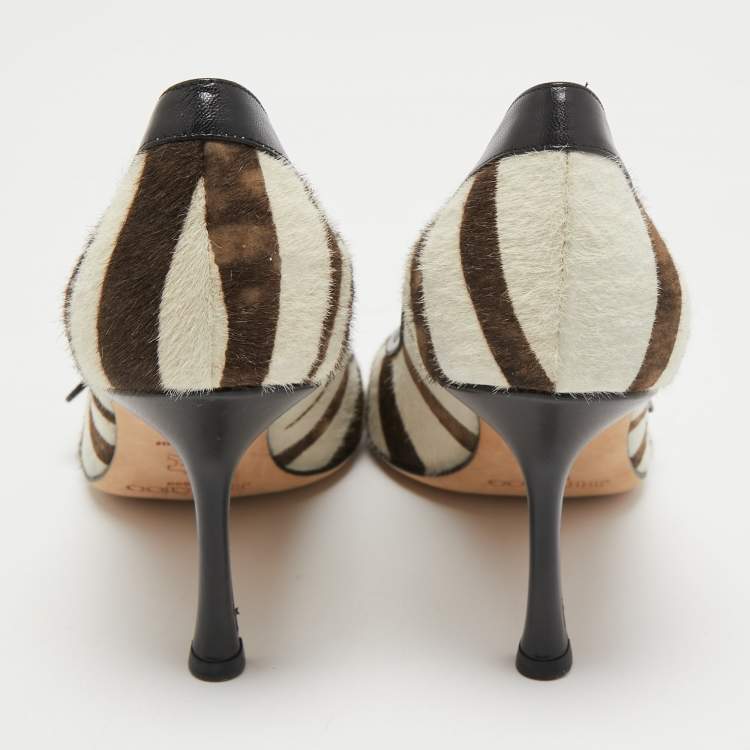 Pre Owned Jimmy Choo Black/White Calf hair and Leather Peep Toe Pumps Size 38.5